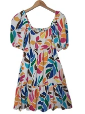 Tabitha Brown Target Mini Dress Women M Botanical Print Linen Blend Pockets