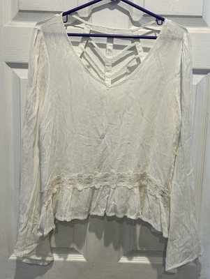 Blu Pepper Cream Boho Festival Crop Top Open Back Long Sleeve  Women s Large NWT