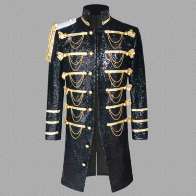 Herren Glänzend Pailletten Metall Ketten Lang Smoking Jacke Party Ball Showman