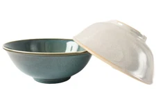 Mino ware Japanese Ceramics Pair Ramen Noodle Donburi Bowl Metallic White&Green