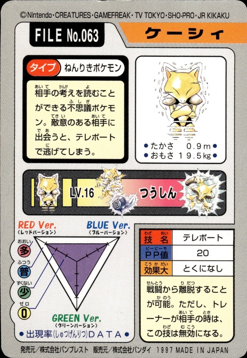 【レア】バステッド Abra Carddass 1997 Vintage Pokemon Pocket Monsters Vending