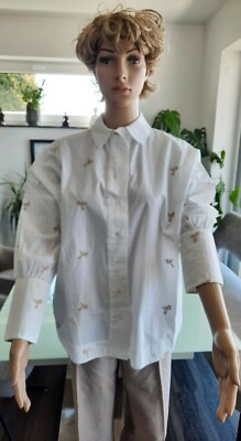 Zara Basic Bluse Langarm Oversize Stickerei Cotton Weiß Größe XS ***NEU***