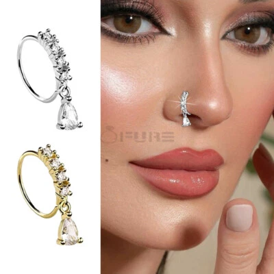 1pc Dangle Crystal Teardrop Shaped 8MM Sterling Silver Ear Nose Ring Piercing UK - Image 1 of 4