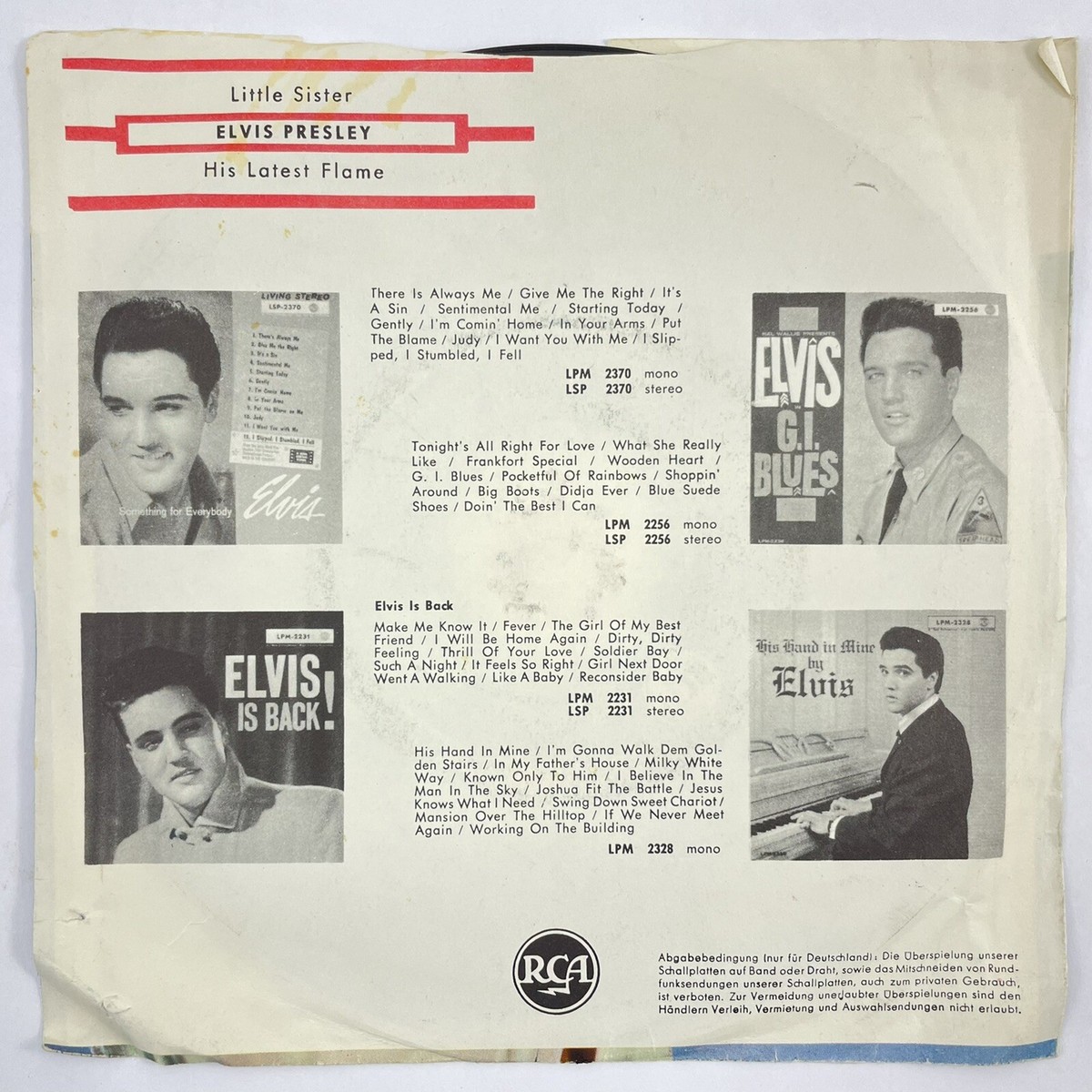 ELVIS PRESLEY LITTLE SISTER / HIS LATEST FLAME 1961 German 7
