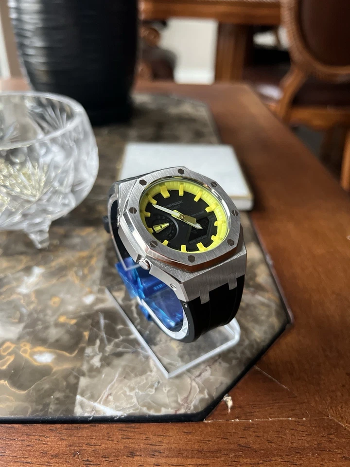 Banda de Metal Plateado Personalizada con Marcadores de Hora Amarillos MOD Modded Casio GShock GA2100 Foto 2 de 3