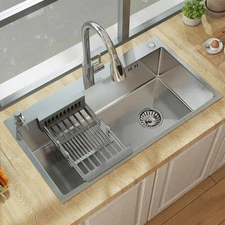 28"/30"/32" Drop In Kitchen Sink Top Mount Single Bowl Stainless Steel w/ Faucet