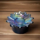 Ruffled iridescent carnival glass bowl (pressed glass, ribbed, scalloped edge)