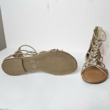Women  s Gold Gladiator Strappy Flat Sandals Beaded Rhinestone Zip US 8