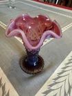 Fenton Glass Plum Opalescent Trumpet Quilted Vase Signed Nancy Ruffle Rim 5.5”