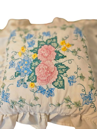 Vintage Handmade Embroidered Throw Pillow 12x12 With 3" Ruffle - Picture 2 of 3