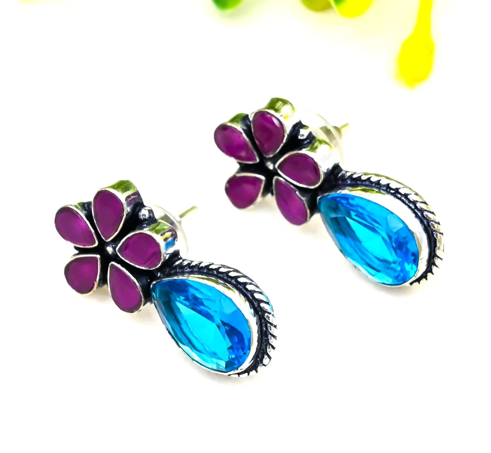 Orecchini gioielli in argento sterling 925 con topazio blu svizzero, pietra... - Immagine 4 di 4