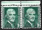 Sc#1278 1c Jefferson h. pair with a top line margin, CDS & IOWA Perfins (A-7)
