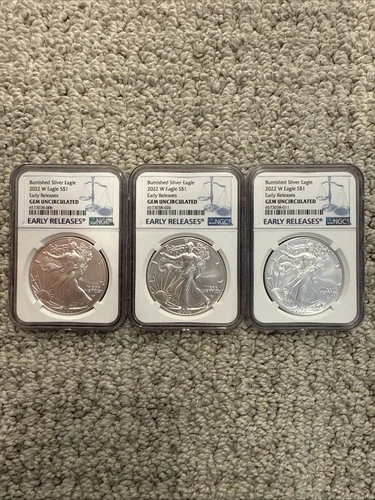 Lot of 3 - 2022 W Burnished Silver Eagle 1oz - Early Releases Gem Uncirculated