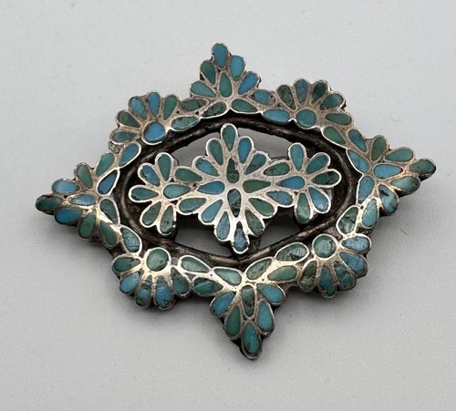 Old Pawn Native American Zuni Silver Turquoise Dishta Floral Brooch