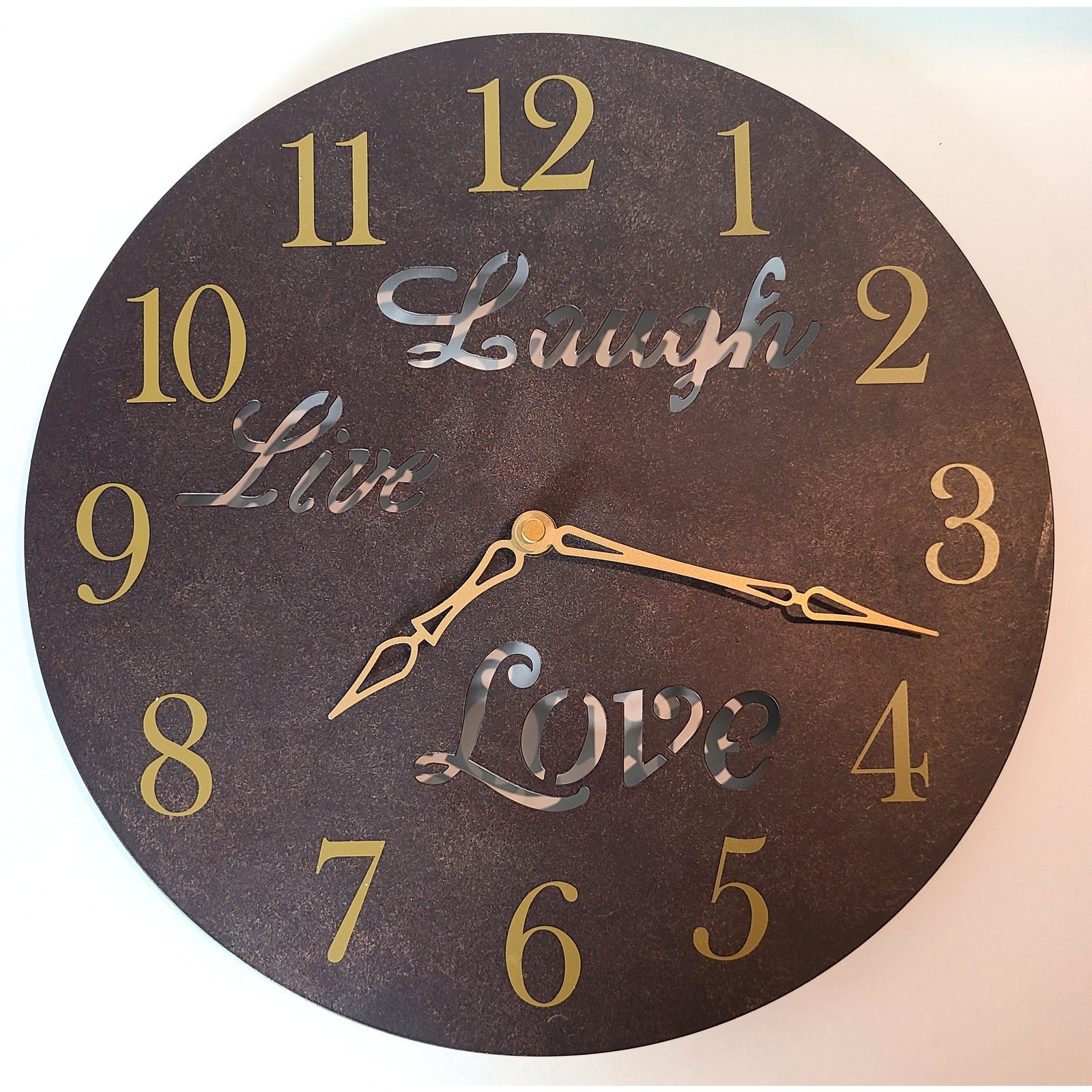 Clock Geneva 4310G 12" Inch Laugh Live Love Metal Brown Bronze Wall Clock Works
