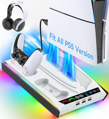Ps-5/Slim/Pro Stand for Disc & Digital Version, PS-5 Cooling Station with RGB Am