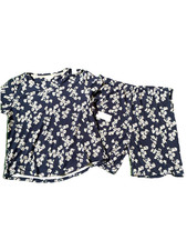 Laura Ashley Navy Blue Floral Multi Ribbed 2pc Short Set Pajama Pj Sleep XL NWT