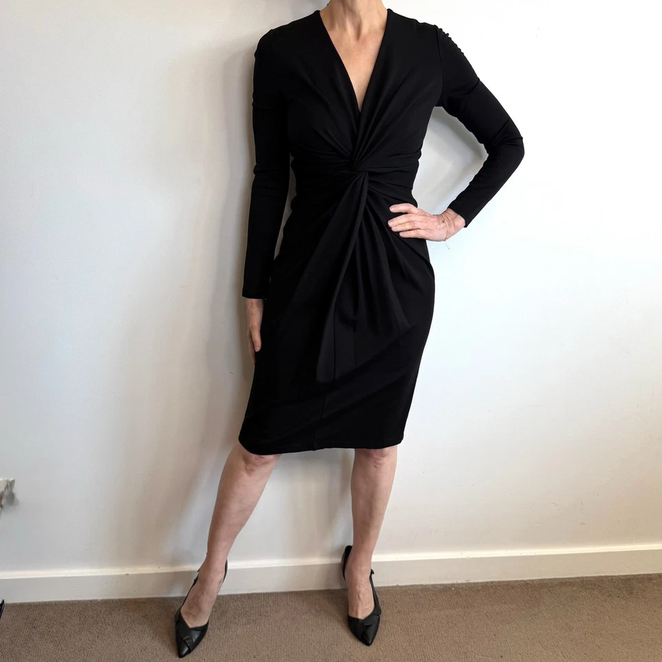 Vestido midi de diseñador Raoul talla 6 Aus (2 EE. UU.) jersey negro manga larga frente torcido Foto 4 de 4