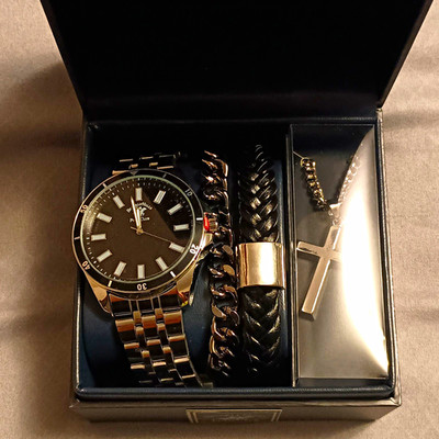 Beverly Hills Polo Club Men's Silver/Black Watch Bracelet Necklace Cross Set