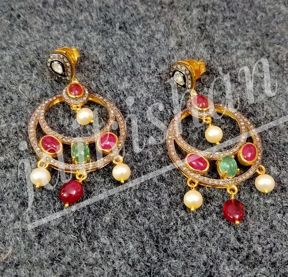 Echt Rubin Smaragd Edelstein Pflastern Polki Diamant 925 Sterlingsilber Ohrring - Bild 2 von 4