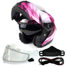 Pink Adult Modular Flip Up Snowmobile Helmet w/ Dual Lens Heated Shield DOT