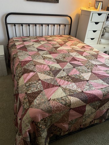Handmade Quilt Vintage King Bedspread 100"x100" Burgundy Red Pink Beige Floral