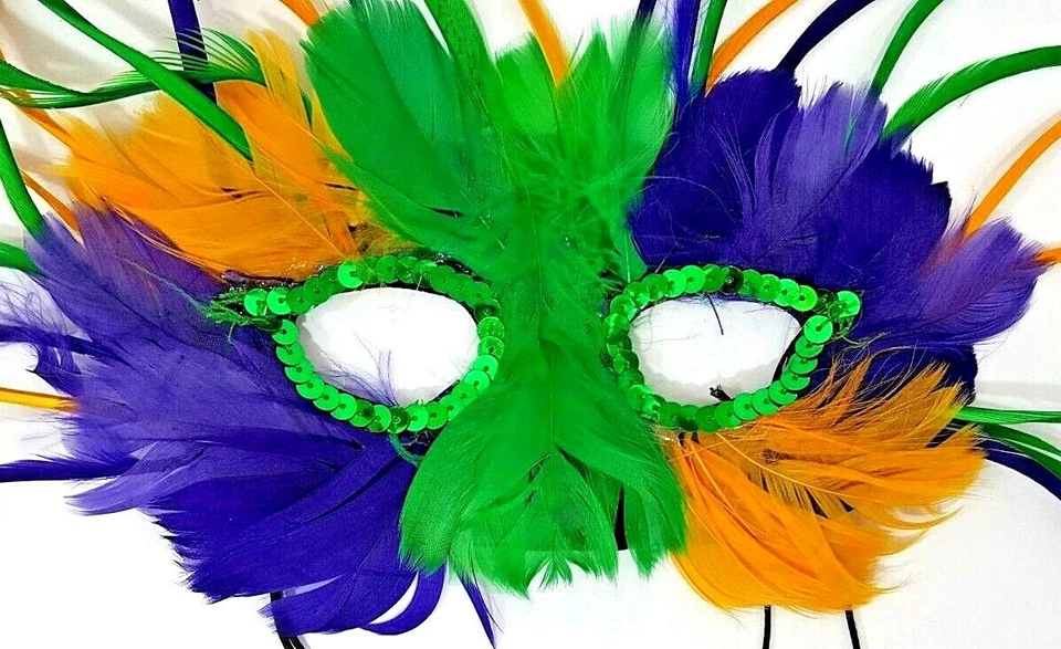 Mardi Gras Mask Multi Colored Feather Mask With Green Sequins - Image 2 of 4