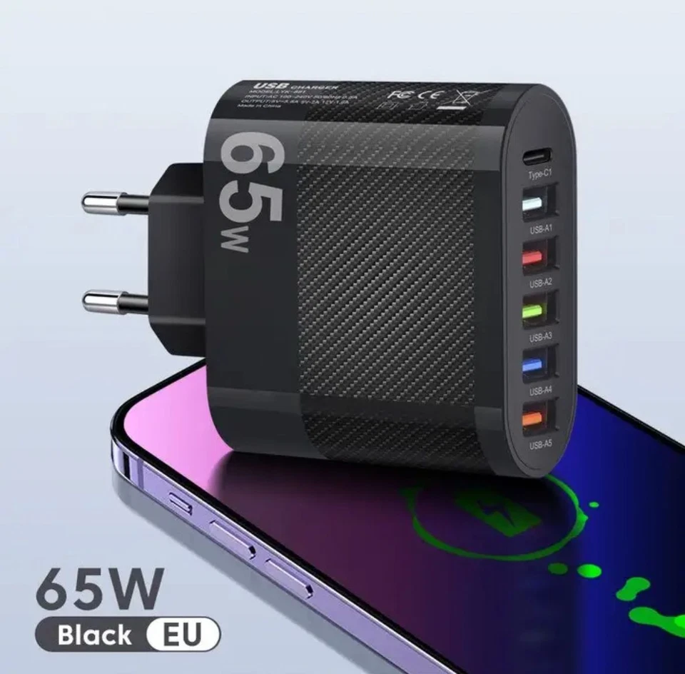 Multi USB Ladegerät 6 Port Ladestation Mehrfach Ladestecker 65W Mehrfach Stecker - Bild 3 von 4