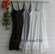 Women Cotton Lace Trimmed Full Length Camisole Slip Dress Extender Petticoat HOT