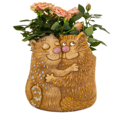 CATS Brown Ceramic Planter Clay Cachepot Handmade Terracota Pot for Plants 7''x9''