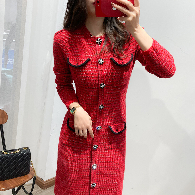 Self Portrait Women Red Tweed Long Knitted Dress
