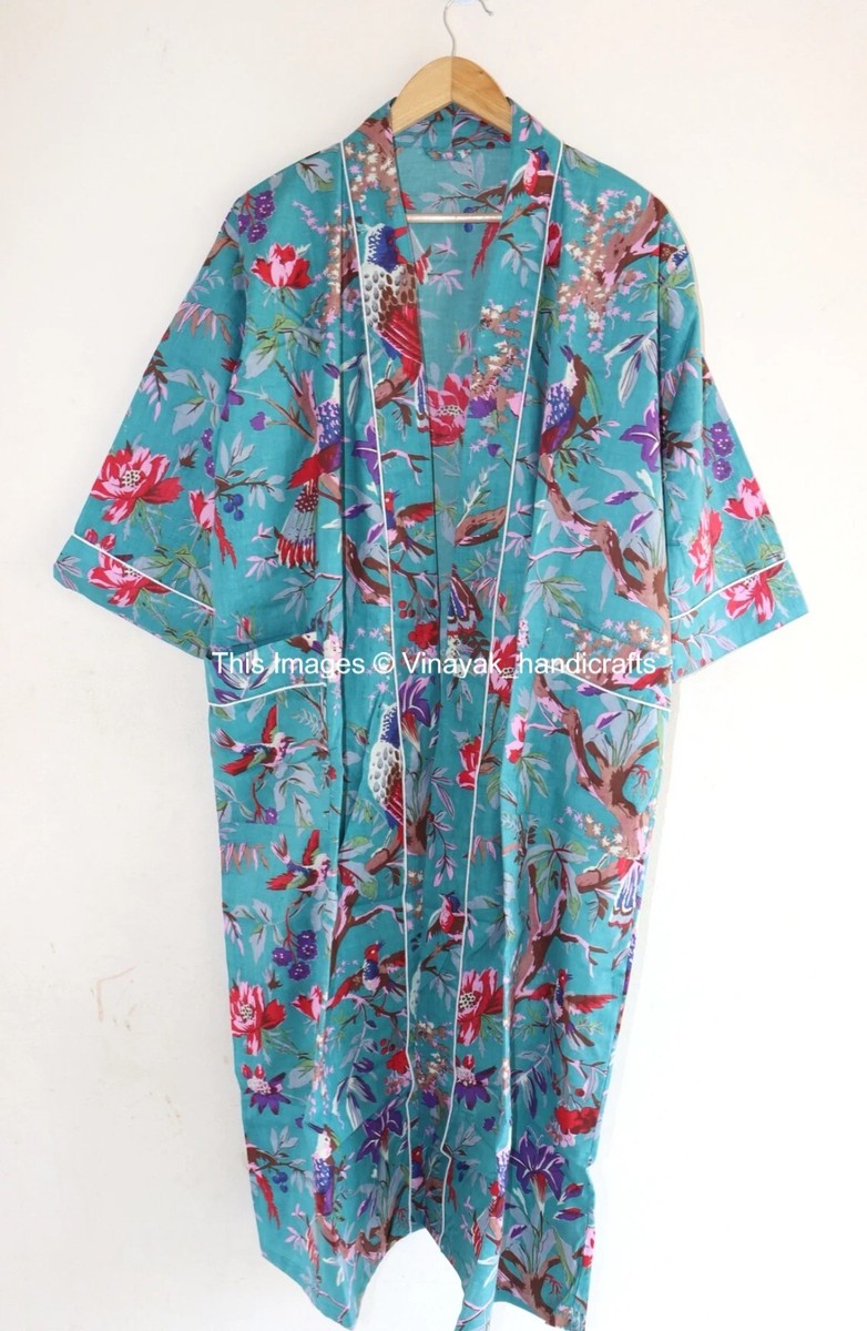 Kimono Long Coton Turquoise Imprimé Oiseau - Femme - Fait Main Inde