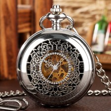 Silver/Black Hollow Flower Half Hunter Hand-winding Mechanical Pocket Watch Gift