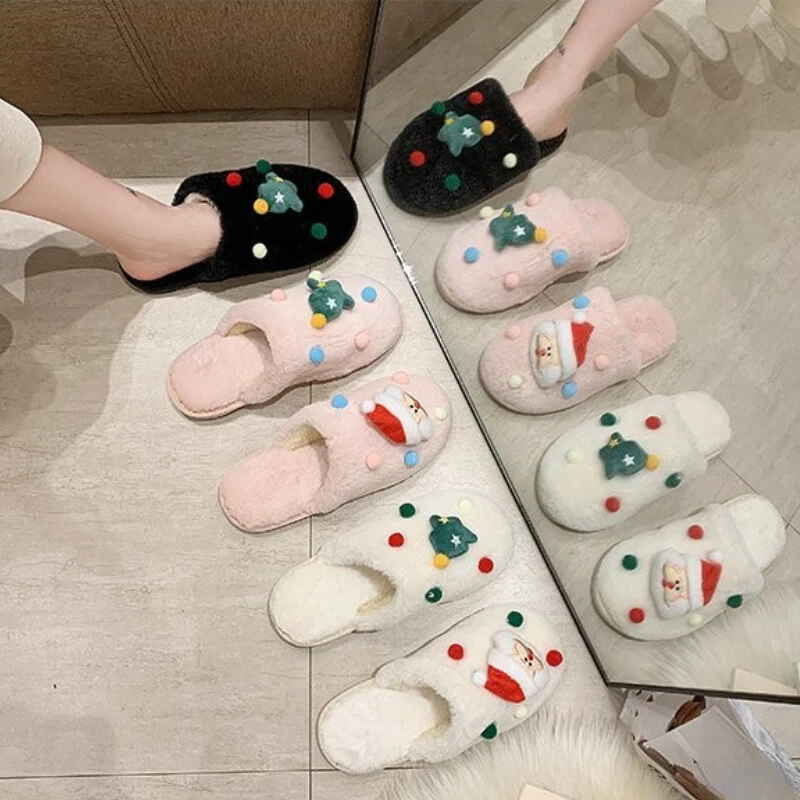 Zapatillas sin cordones mullidas de piel sintética para dama zapatos planos forrados peludos Navidad Navidad Foto 4 de 4