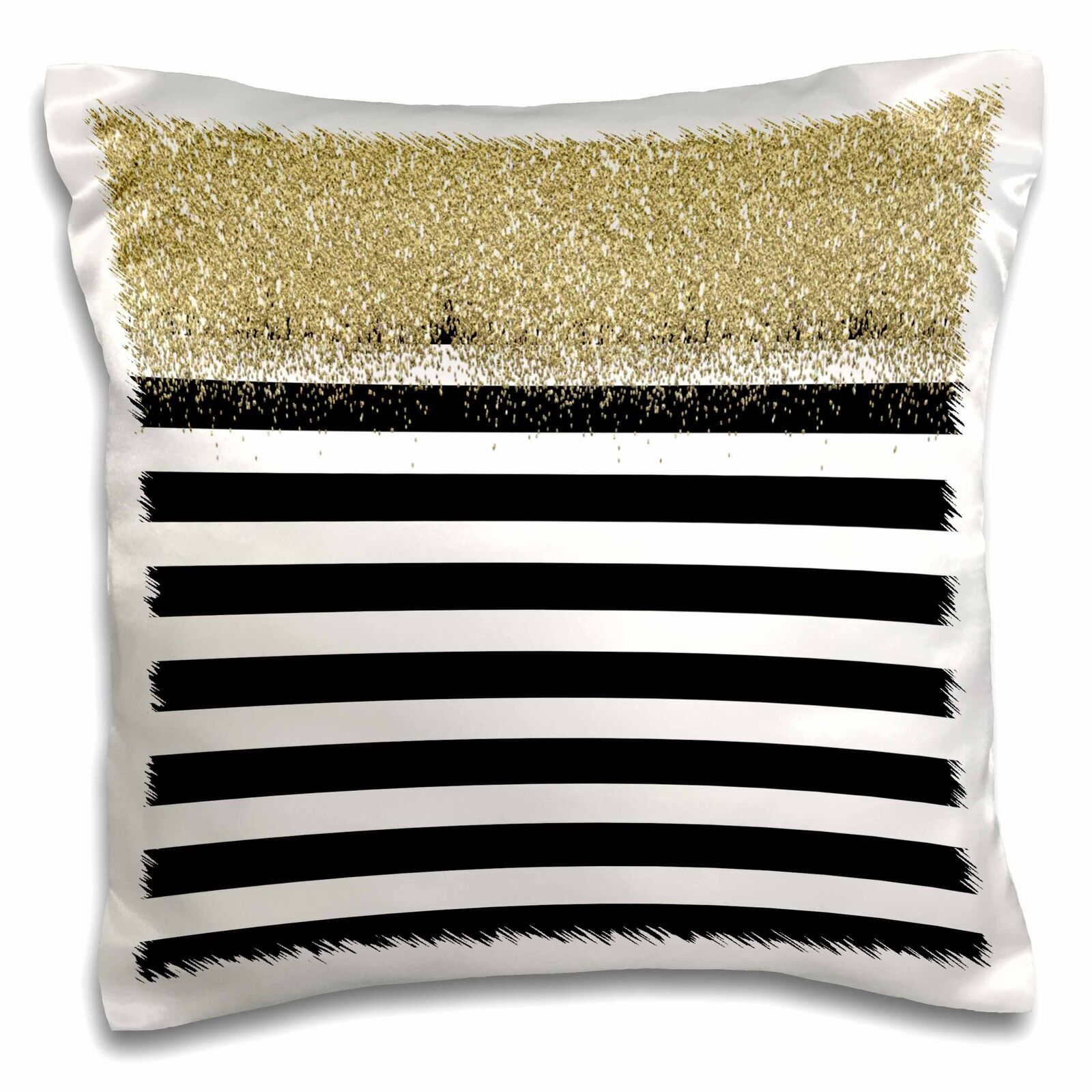 3D Rose Black White Stripes Gold Glitter 16x16 Pillow Case
