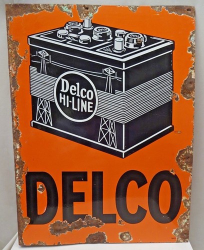 Insegna Smaltata Porcellana Delco Vintage Batteria Pubblicità Doppia Faccia Garag 24x18 - Foto 4 di 8