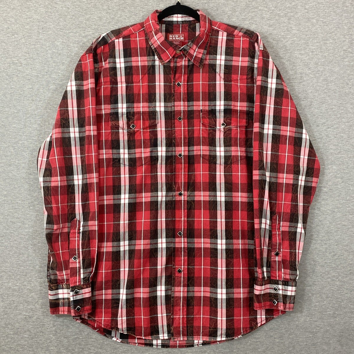 Red Ranch Western Shirt Men's Large Black Square Snap Distressed