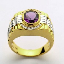 Anello uomo ametista viola naturale, anello uomo in oro giallo bicolore 14 ca...