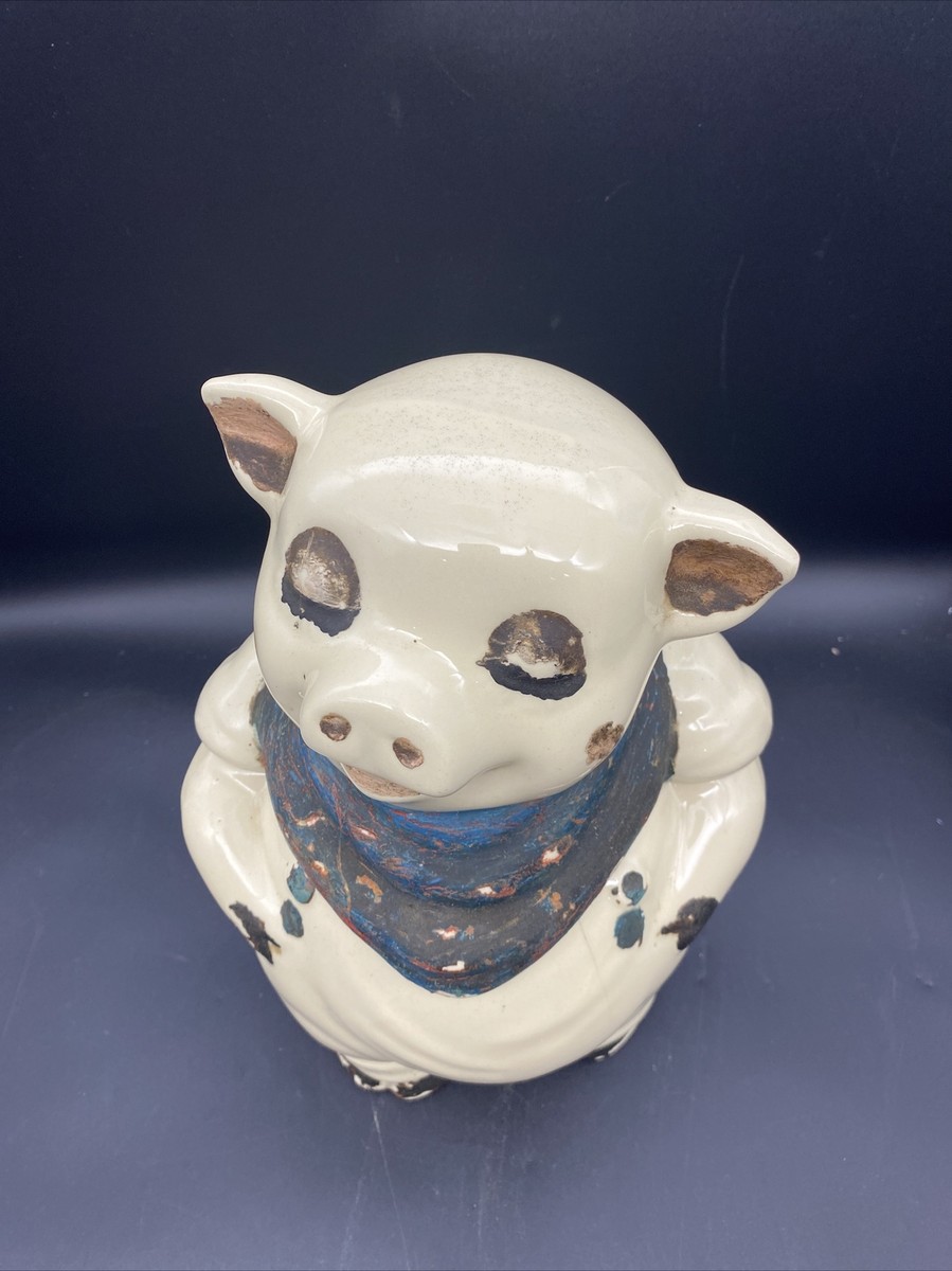 Vintage Shawnee Smiley Pig Cookie Jar Blue Scarf Eyes Open Brown