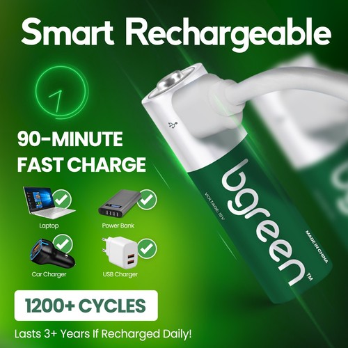 Bgreen 8pack USB Rechargeable AAA Batteries 900mWh – with Charging Cables - Picture 3 of 8