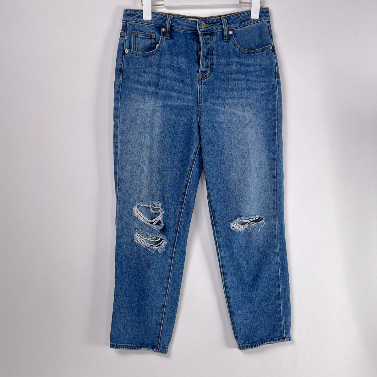 Brandy Melville High Rise Distressed Button Fly Medium Blue Denim