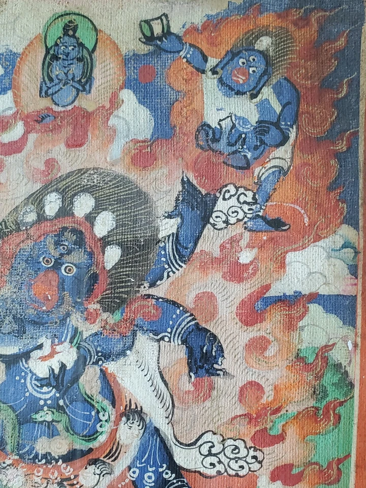 Antigua pintura Thanka Thangka mongola tibetana enmarcada Buda Mahakala Foto 4 de 4