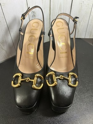 GUCCI Gold Horsebit Black Leather Slingback Heels EU 37.  US 6.5/7
