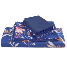Navy Blue Floral Printed Sheet Set Queen 6 Piece, Soft Microfiber Botanical P...