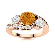 5MM Round Citrine  White Topaz 925 Silver Rose Plated Three Stone Women Ring
