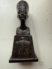 Vintage Bronze Nefertiti Sculpture on Wooden Base Egyptian 8.5" T-solid Head