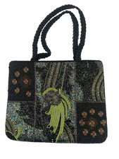 Vintage Seed Bead Evening Bag Black Floral Art Deco Beaded Braided Handle