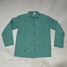 VTG Flame Resistant FR Welder's Jacket Teal Green Paint Spattered Work Wear SZ M