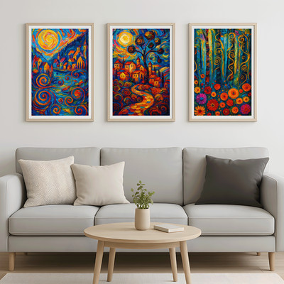 Expressionistisches Dorf Kunstdrucke 3er Set | Lebendige bunte Himmelslandschaft