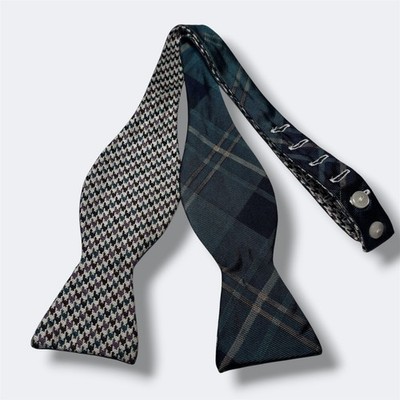 Brooks Brothers Silk Reversible Bow Tie Green Plaid Houndstooth Adjustable